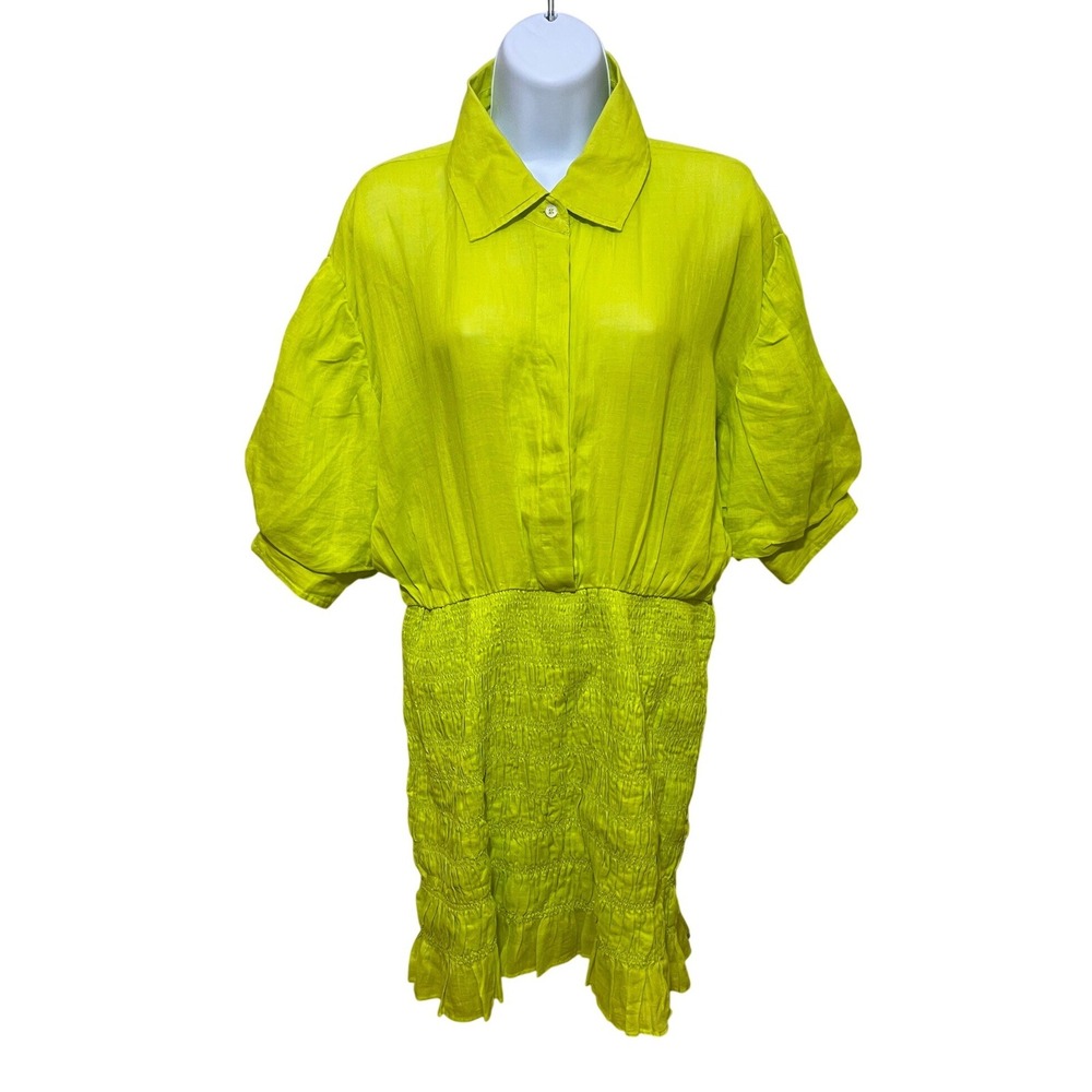 FRAME Smocked Shirt Dress Flash Lime Ramie Mini Puff Sleeve LWWD0591 Medium New - Picture 2 of 10